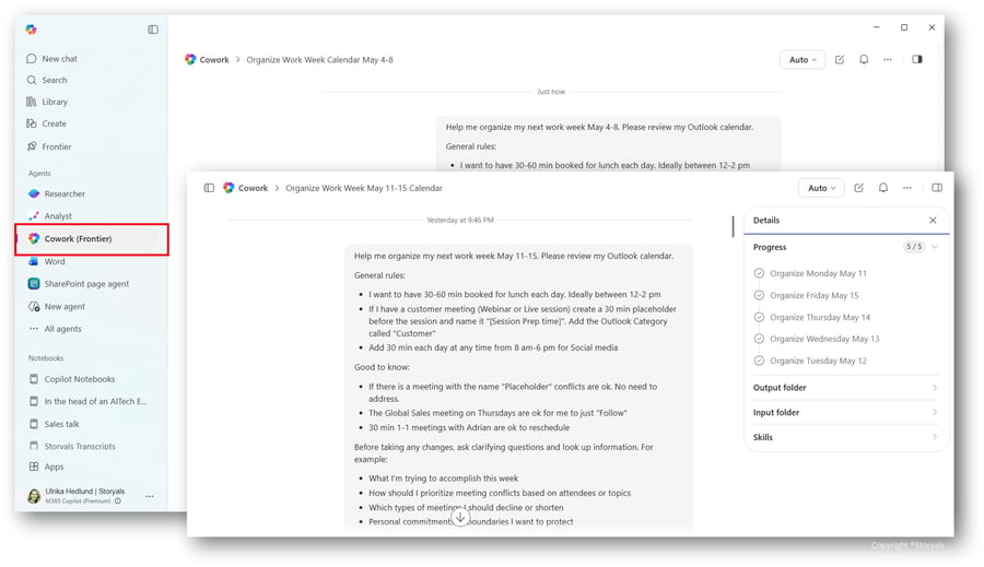 Copilot Cowork app with pop out window of the prompt