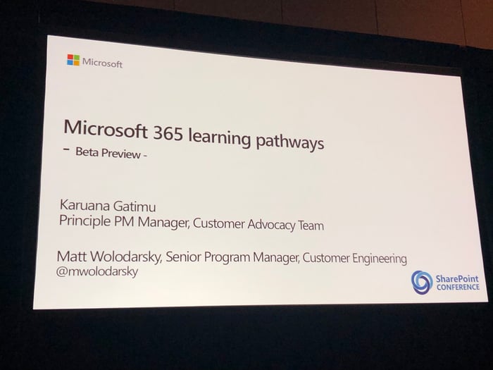 Microsoft 365 learning pathways Beta Preview announcement at SPC19
