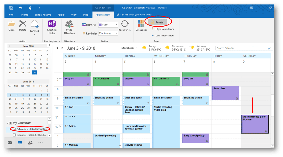 Putlook calendar with personal and work related appointments.