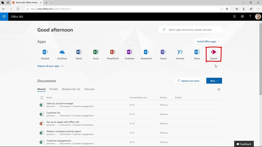 Stream on Office 365 home page Stream - Office 365 portal | © Storyals