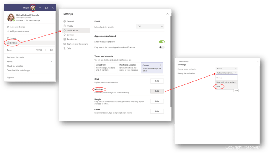 turn off Teams meeting pop-up chats | © Storyals